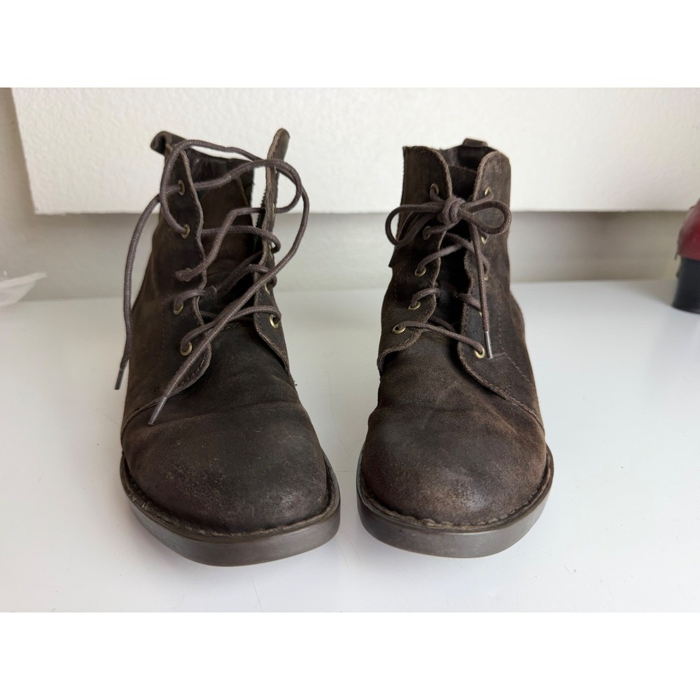 Born Ankle Boots Women 8 Brown Distressed Leather Lace Up Side Zip Block Heel